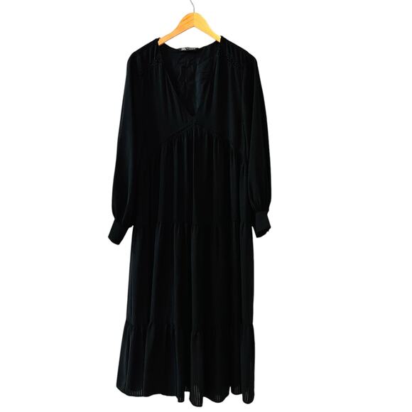 Zara Dresses & Skirts - Zara V Neck Long Sleeve Tiered Maci Dress Size M Medium Black